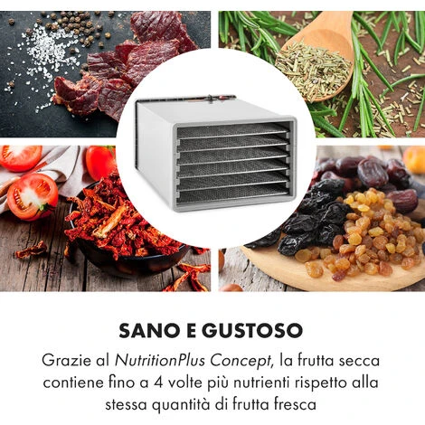 Klarstein Fruit Jerky Steel 6 - Essiccatore, 6 Ripiani, 630 W, Superficie: 0,65 M² 5 Klarstein Fruit Jerky Steel 6 - Essiccatore, 6 Ripiani, 630 W, Superficie: 0,65 M² - immagine 5