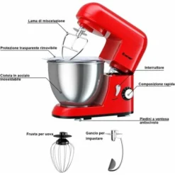 Robot Da Cucina 4 L 1300 W, 6 Velocita E Testina Inclinabile, Planetaria Elettrica Con Ciotola In Acciaio Inox, Gancio Miscelazione, Frusta E Frullino, Paraspruzzi (Rosso) 8 Robot Da Cucina 4 L 1300 W, 6 Velocita E Testina Inclinabile, Planetaria Elettrica Con Ciotola In Acciaio Inox, Gancio Miscelazione, Frusta E Frullino, Paraspruzzi (Rosso) -Moulinex Negozio 24107116 4