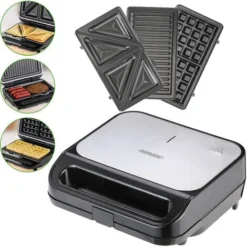Monzana Piastra Elettrica 3in1 Sandwich Waffle Panini 3 Piastre Intercambiabili Antiaderente 1000W Tostapane BPA Free Manico Cool-Touch