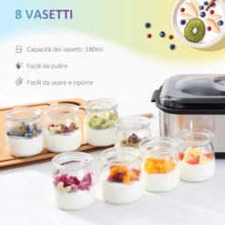 HOMCOM Yogurtiera Elettrica 30W Con 8 Vasetti Inclusi E Temperatura Regolabile 20-55°C - Argento -Moulinex Negozio 41949847 4