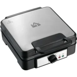 HOMCOM Macchina Per Waffle Con Piastre Antiaderenti E Temperatura Regolabile, 1200W, Nero