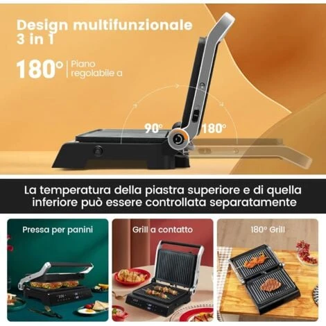 GOPLUS Bistecchiera Elettrica Per Panini, Controllo Indipendente Della Temperatura E Vassoio Rimovibile A Doppio Rivestimento, Funzione Di Timer, Apertura A 180¡ã 2 GOPLUS Bistecchiera Elettrica Per Panini, Controllo Indipendente Della Temperatura E Vassoio Rimovibile A Doppio Rivestimento, Funzione Di Timer, Apertura A 180¡ã - immagine 2